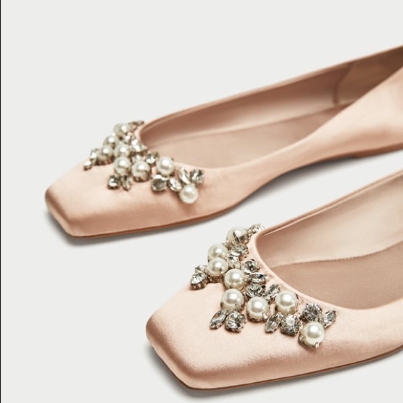 Zara Shoes - NWT Zara Nude Blush Jeweled Satin Ballerina Flats